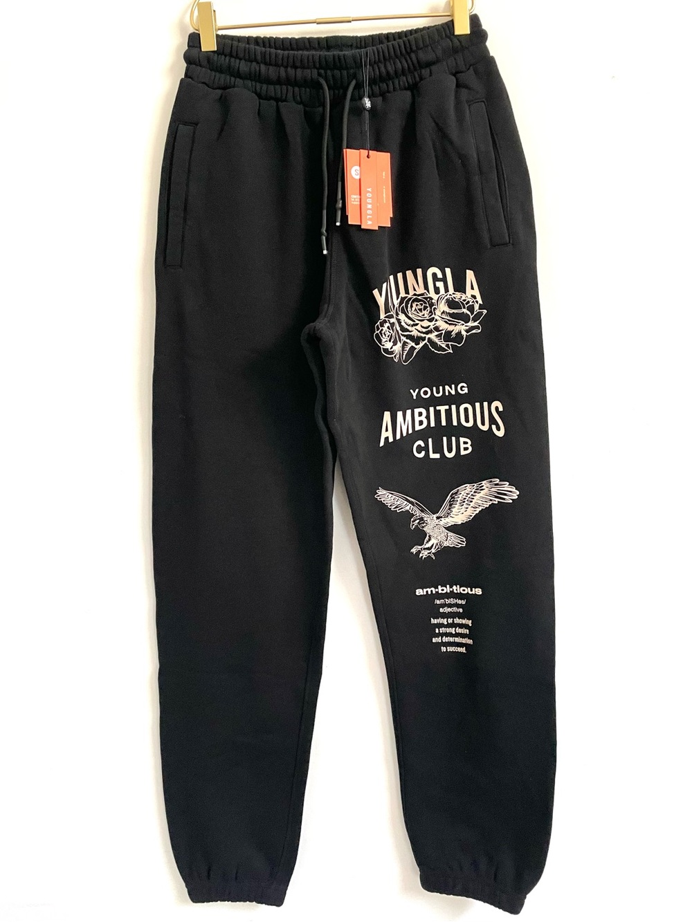 YoungLA Black Joggers with Beige Young Ambitious Club' Graphics